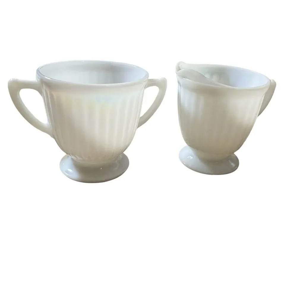 Macbeth Evans Glass PETALWARE White Monax Footed Sugar‎ Bowl Dish & Creamer Set